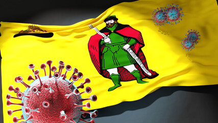 Covid in Ryazan - coronavirus attacking a city flag of Ryazan as a symbol of a fight and struggle with the virus pandemic in this city, 3d illustration