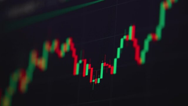 Stock exchange bar chart. Close up of decrease and increase bitcoin graph on screen. Cryptocurrency candlestick graph data. Analysing price change cryptocurrency. Economic and business concept.