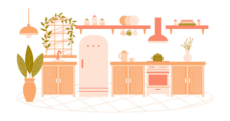 Modern interior items for a kitchen: fridge, houseplant, carpet, sink, window, lamp. Vector flat illustration with furniture on white background