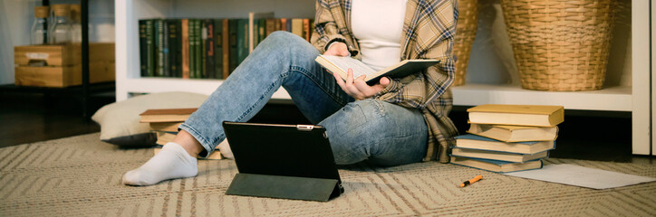 banner distance elearning course video conference pc call. Teenage girl doing homework at a desk in her bedroom. teen girl school student write notes watch video online webinar learn on laptop.