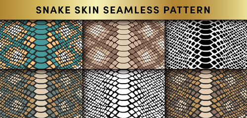 Trendy snake skin vector seamless patterns set. Hand drawn wild animal reptile skin, natural snake repeat texture for fashion print design, fabric, textile, wrapping paper, background, wallpaper