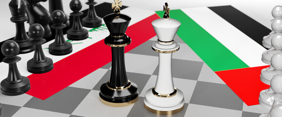 Iraq and United Arab Emirates conflict, clash, crisis and debate between those two countries that aims at a trade deal and dominance symbolized by a chess game with national flags, 3d illustration