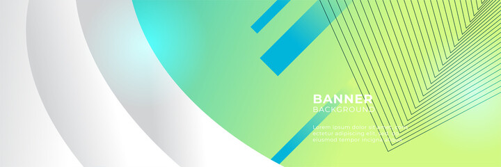 Abstract wide banner background with geometric shapes, stripes, waves, and technology digital elements