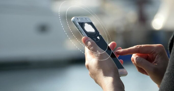 4k A girl using a smartphone at seaside;Update the information to cloud;virtual internet concept;on-line services icons.Cyber or technology background.communication network concept. 