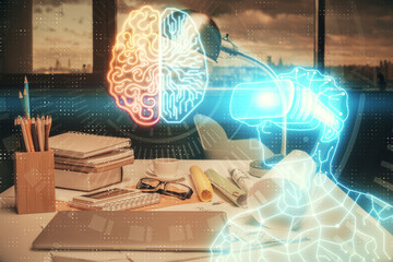 Double exposure of man in VR glasses drawing and office interior background. Concept of AR.