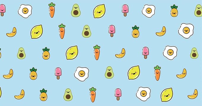 Animation of diverse cartoon food floating on blue background