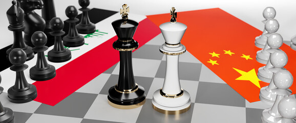 Iraq and China conflict, clash, crisis and debate between those two countries that aims at a trade deal and dominance symbolized by a chess game with national flags, 3d illustration