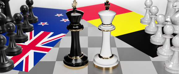 New Zealand and Belgium conflict, clash, crisis and debate between those two countries that aims at a trade deal and dominance symbolized by a chess game with national flags, 3d illustration