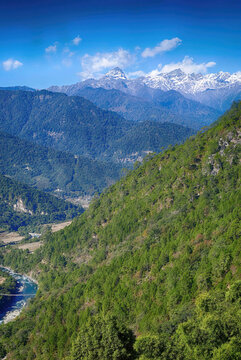 Mesmerizing view of hills with dense vegetation under a blue sky in Bhutan Himala