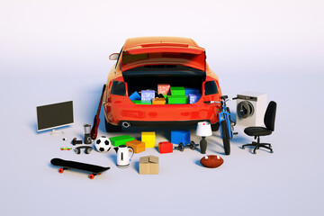 Unloading things from the trunk of a red car. Lot of different things in the trunk. Overflowing trunk of a passenger car. White isolated background, colorful things. 3D graphics © Camera_motorin