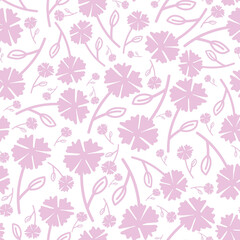 Pink simple drawing flowers with branches seamless pattern