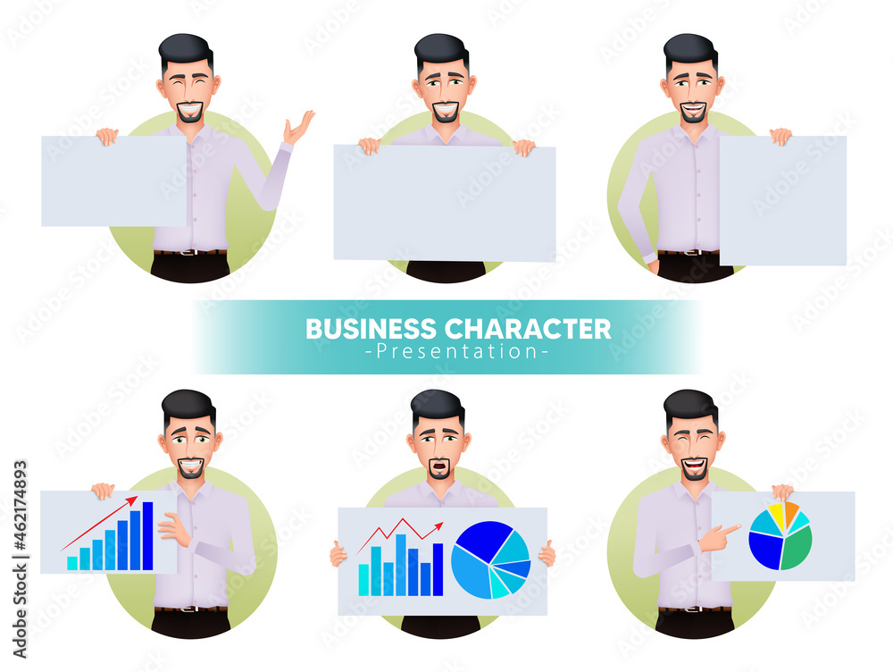 Aufkleber businessman character presentation vector set. business man presenting characters holding and showin