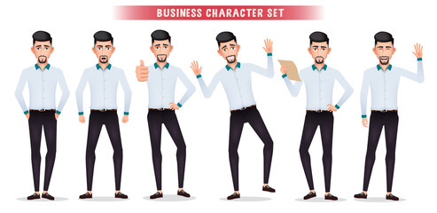 Fototapeta premium Business man character vector set. Businessman employee characters in standing pose, approved, waving and cheerful gestures for worker cartoon collection design. Vector illustration. 