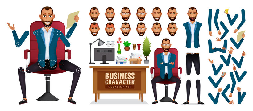 Businessman boss creation kit vector set. Business man creator office characters in editable standing and sitting pose with arms and head body parts for cartoon employee design. Vector illustration.
