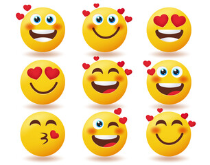 Smileys valentines inlove emoticon vector set. Emoticons smiley love characters in smiling blushing and kissing facial expressions isolated in white background for emoji character design.