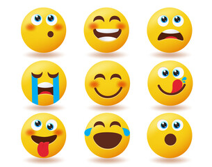 Smiley emojis vector set. Emoticon smileys happy, thinking and crying isolated in white background for emoji yellow face characters collection design. Vector illustration.
