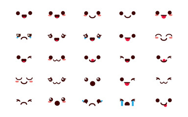 Emojis kawaii chibi vector set. Emoticon cute smileys cartoon in happy face reaction and emotion isolated in white background for kawaii comic doodle art collection design. Vector illustration.
