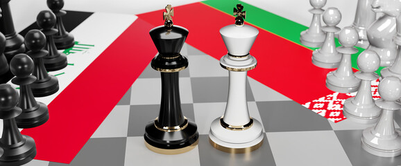 Iraq and Belarus conflict, clash, crisis and debate between those two countries that aims at a trade deal and dominance symbolized by a chess game with national flags, 3d illustration