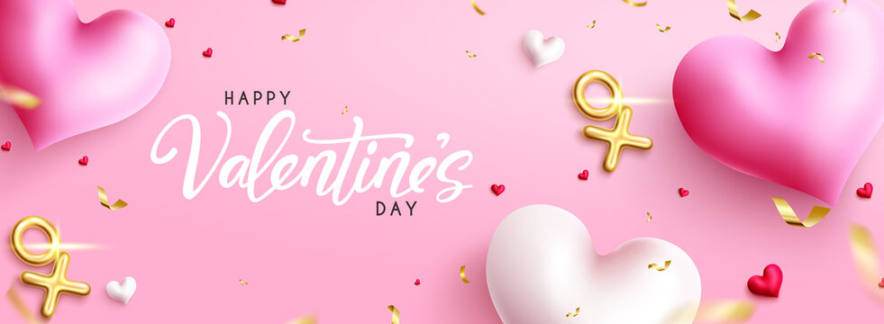 Valentine's day vector background design. Happy valentines day text with elegant confetti and hearts element in pink space for greeting messages and banner. Vector illustration.

