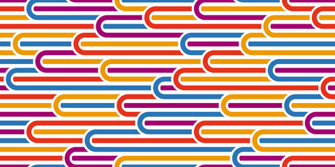 Stripy vector seamless pattern with woven lines, geometric abstract background, stripy net, optical maze, web network. Colorful design.