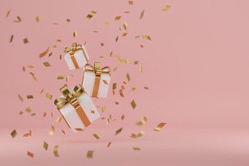 New Year Gifts and confetti.Banner design. 3D Illustration