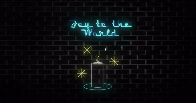 Animation of neon joy ti the world text and candle on black background