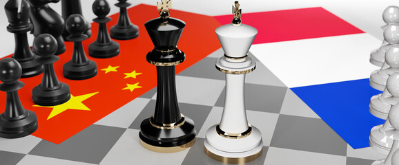 China and France conflict, clash, crisis and debate between those two countries that aims at a trade deal and dominance symbolized by a chess game with national flags, 3d illustration
