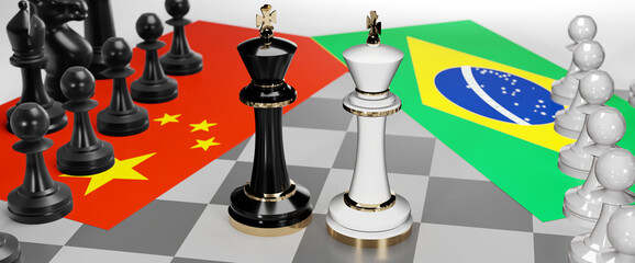 China and Brazil conflict, clash, crisis and debate between those two countries that aims at a trade deal and dominance symbolized by a chess game with national flags, 3d illustration