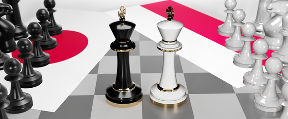 Japan and Poland conflict, clash, crisis and debate between those two countries that aims at a trade deal and dominance symbolized by a chess game with national flags, 3d illustration