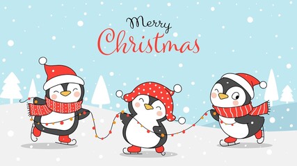 Draw penguin playing in snow for christmas and winter © anchalee
