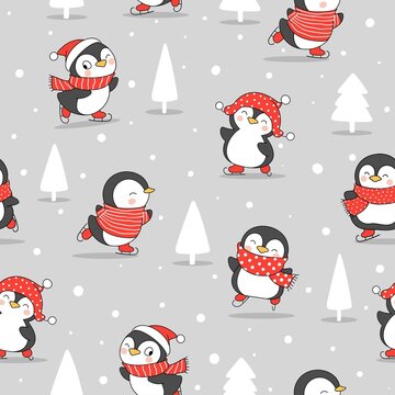 Draw seamless pattern penguin in snow for winter