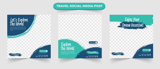 Set of travel and tourism holiday vacation sale social media post square digital banner flyer or poster for travelling agency business promotion design template