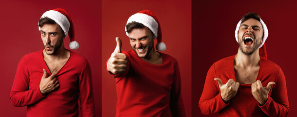Young handsome caucasian guy in red sweater and Santa hats stands on red background in studio  Shows how hot he is