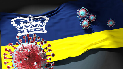 Covid in Regina - coronavirus attacking a city flag of Regina as a symbol of a fight and struggle with the virus pandemic in this city, 3d illustration