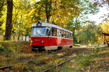 Fototapeta na wymiar Red retro tram goes along the route through the autumn forest. Atumn landscape with tram.