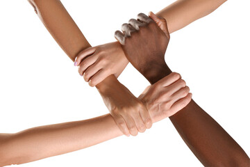 People joining hands together on white background, closeup