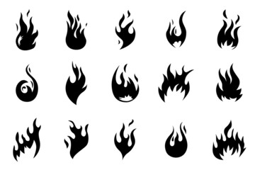 Black fire icons. Flames shapes. Heat fires silhouettes. Isolated hot blaze, bonfire logo. Warning heat and flammable, campfire recent vector set