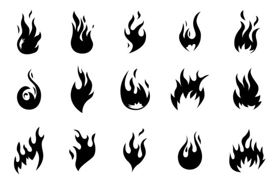 Black fire icons. Flames shapes. Heat fires silhouettes. Isolated hot blaze, bonfire logo. Warning heat and flammable, campfire recent vector set
