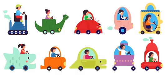 Glasschilderij Robot People riding. Cartoon childish transportation characters. Woman man ride fantasy cars. Person drive vehicle, delivery or relocation decent vector set