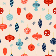 Seamless pattern of colorful Christmas decoration and snowflakes on pink background. Christmas tree decoration in different shapes.
