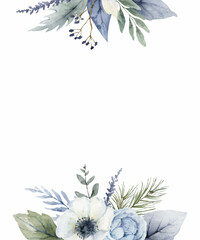 A watercolor vector winter frame with dusty blue flowers and branches. 