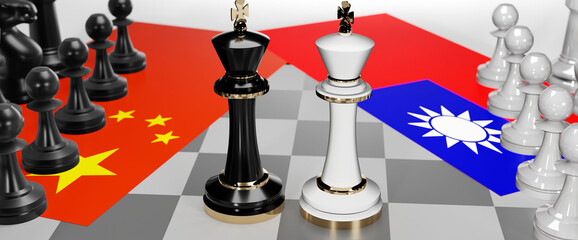 China and Taiwan conflict, clash, crisis and debate between those two countries that aims at a trade deal and dominance symbolized by a chess game with national flags, 3d illustration