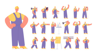 Man builder character. Industry construction worker, isolated architect. Busy man in helmet, industrial engineer working with tool cutter vector set