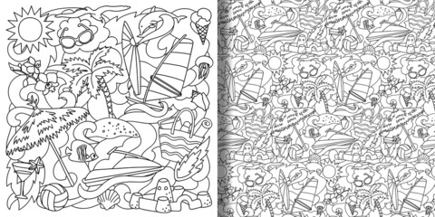 Fototapeta na wymiar Doodle Summer Beach set and seamless pattern