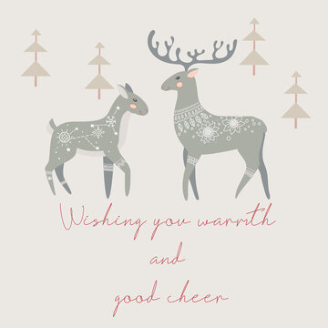 Cute postcard with a Deer. Christmas greeting gift cards with winter elements and holiday wishes. Winter vector illustration isolated on white background.