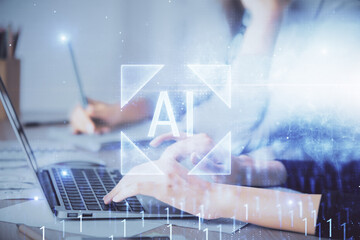 Double exposure of woman hands working on computer and data theme hologram drawing. Tech concept.