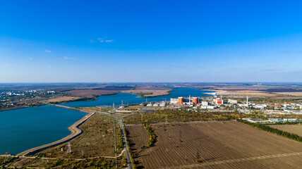 Nuclear power plant at sunny day aerial view