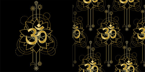 Om and Lotus geometric print and seamless pattern set - obrazy, fototapety, plakaty