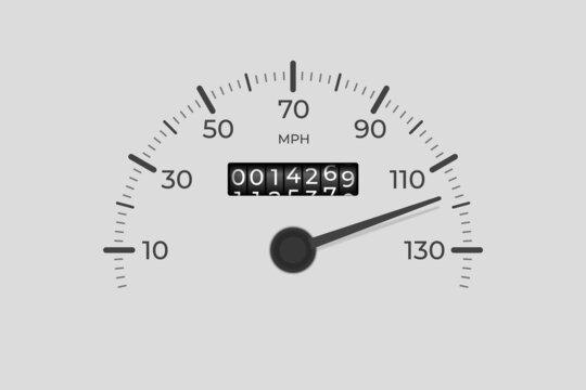 Isolated speedometer. Car mileage, measuring kilometers. Circle speed control, accelerating dashboard of autos or motorbike, recent vector background