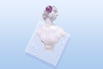 Contemporary collage. Sculpture of a woman on a gentle blue background with a geometric pattern.